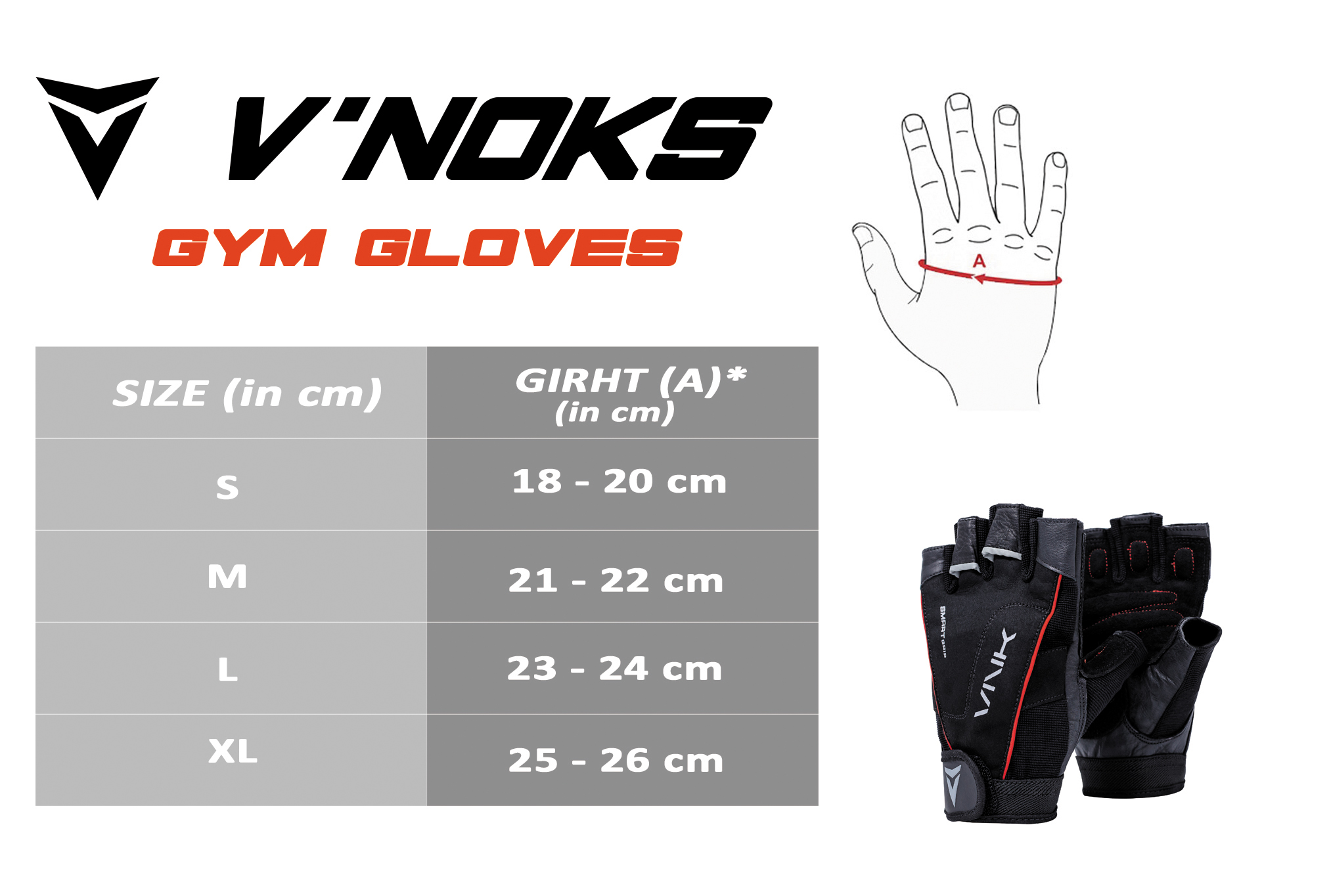 VNK Pro Gym Gloves size chart